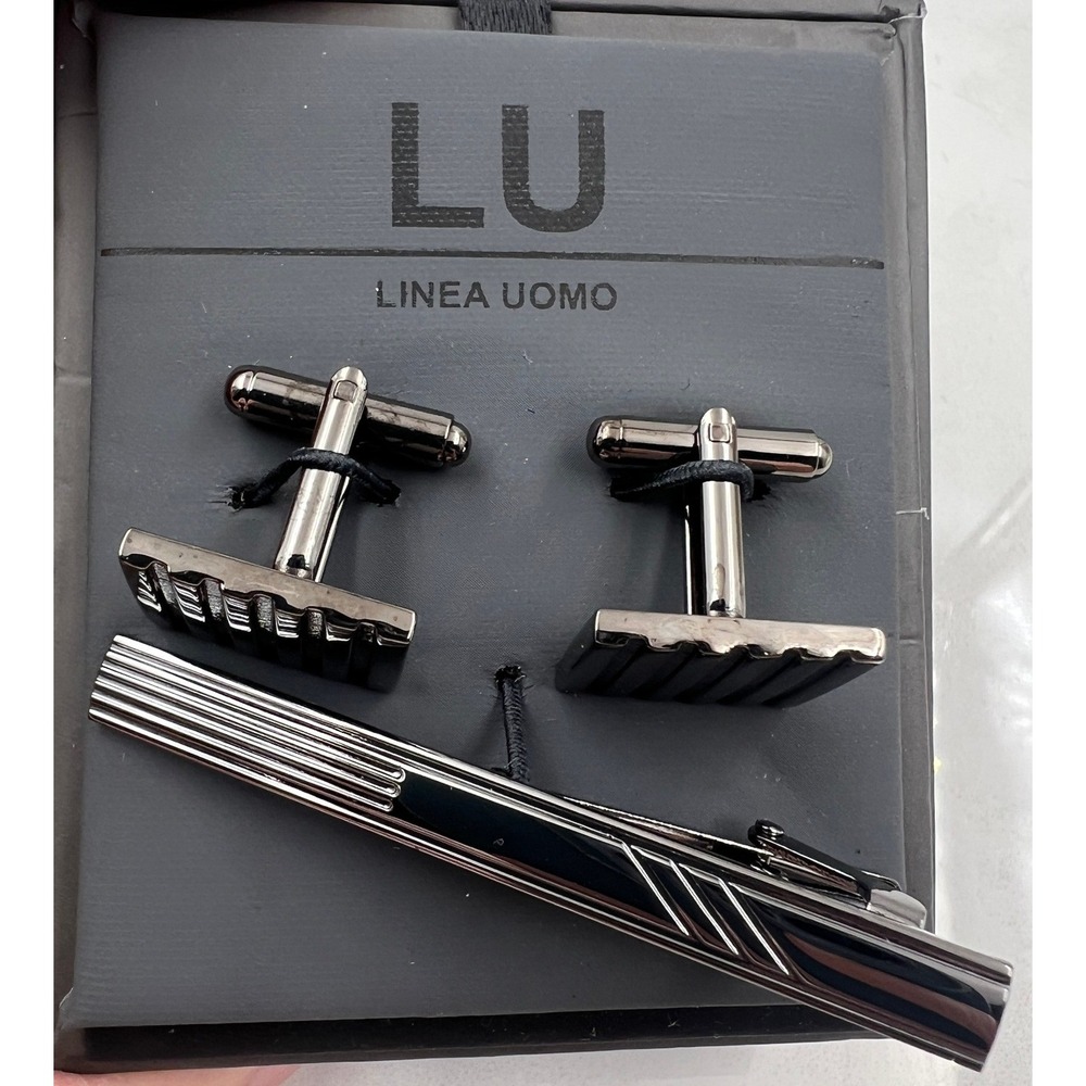 Linea Uomo Cufflinks & Tie Bar Set Men's Gunmetal Ribbed Texture NIB